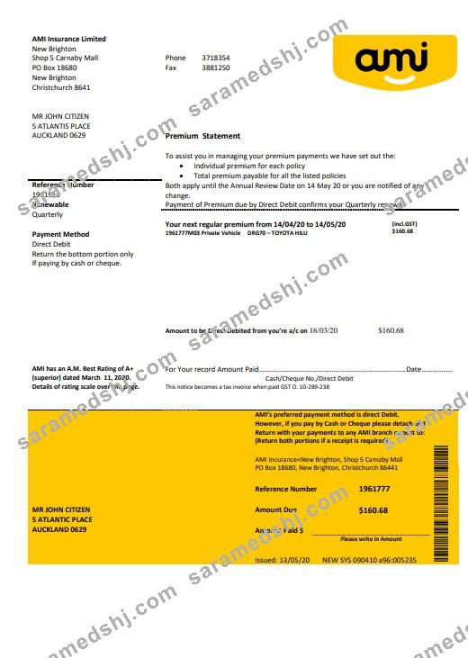 New Zealand Ami Insurance Limited bank statement template in Word and PDF format